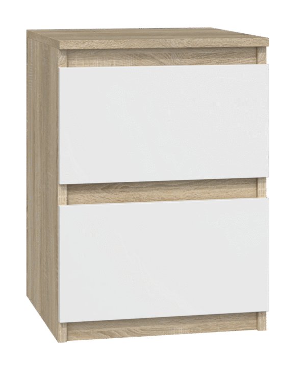 Malwa M2 Bedside Table – White & Sonoma Oak – Modern 2-Drawer Nightstand