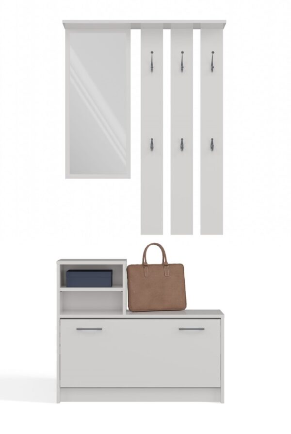 Vera Hallway Set – WHITE Coat Rack with Mirror + Shoe Cabinet