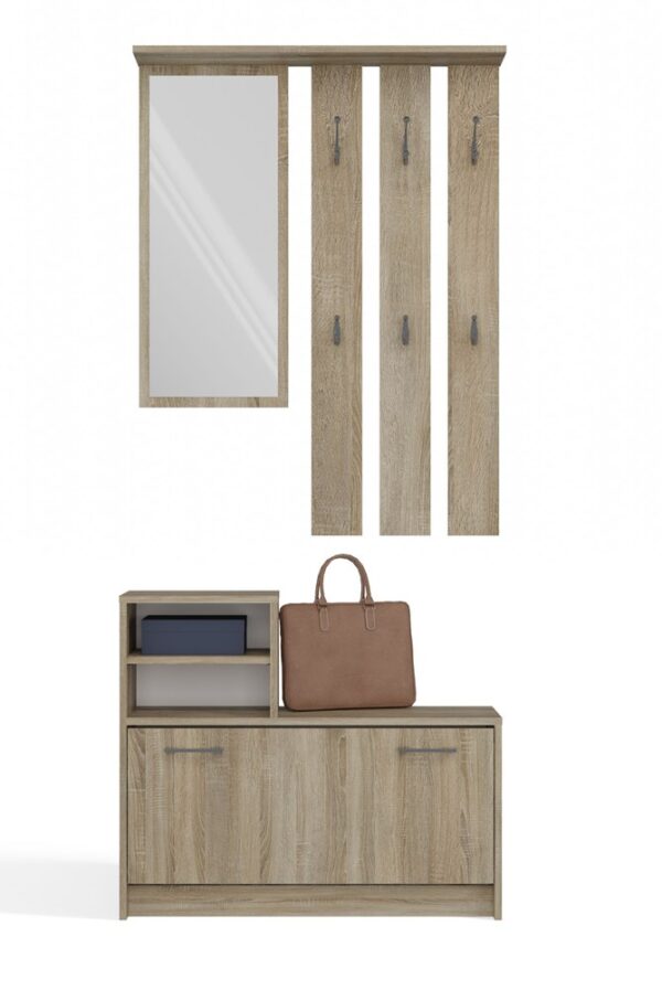 Vera Hallway Set – SONOMA OAK Coat Rack with Mirror + Shoe Cabinet
