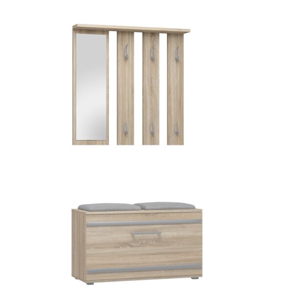OPAL Hallway Set – Sonoma Oak  PRACTICAL HALLWAY SET WITH COAT RACK, MIRROR, SHOE CABINET & SEAT