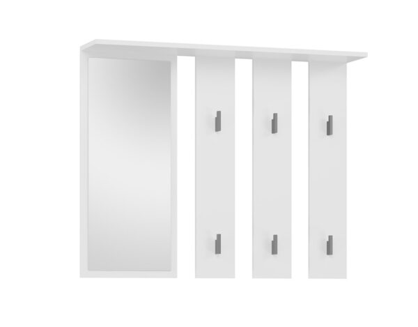 Wall Coat Rack PARMA – White Matt | Mirror with Shelf & 6 Black Hooks