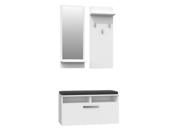 Riva Hallway Set – White Modern Entryway Wardrobe with Mirror, Hooks and Storage Bench