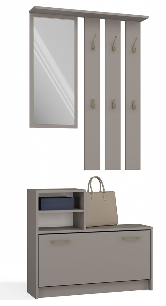 Vera Hallway Set – Clay Grey Coat Rack with Mirror + Shoe Cabinet