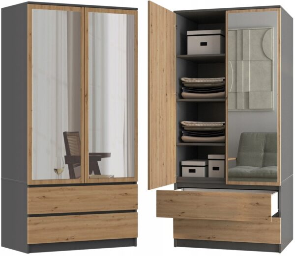 Malwa SS-90L Wardrobe – Anthracite / Artisan Oak with Mirrors