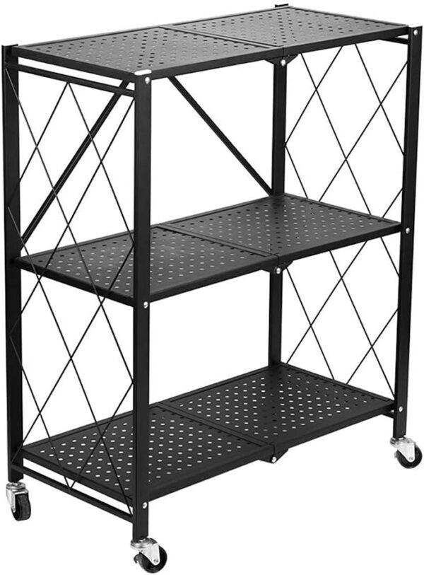FS003 Black Folding Storage Rack on Wheels – 3-Tier Metal Shelf (Loft Style)