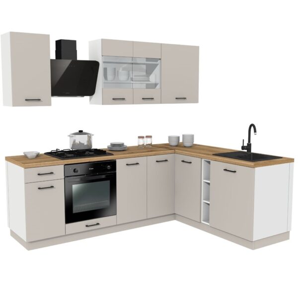 KITCHEN CABINETS SET VARIO Z1 240×180 CM CASHMERE / WHITE MATT / OAK EVOKE CORNER KITCHEN UNIT – WITHOUT APPLIANCES**