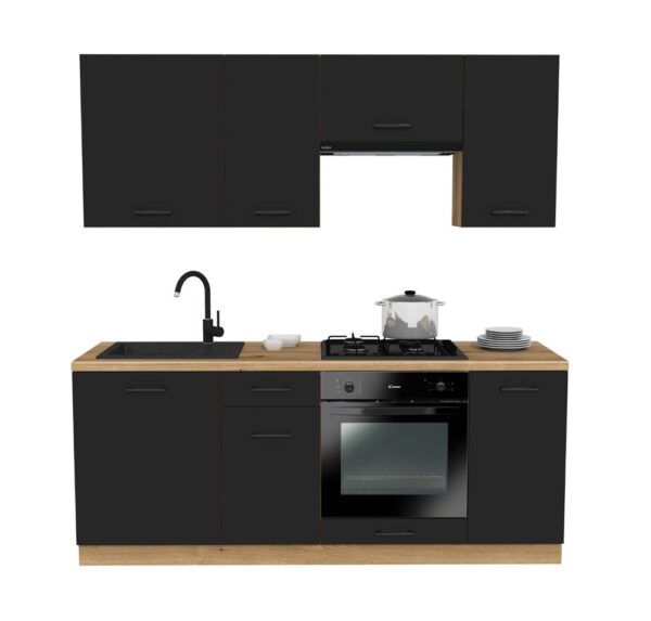 VARIO 200 cm Z3 Kitchen Furniture Set – Black / Black with Evoke Oak Worktop (No Appliances)