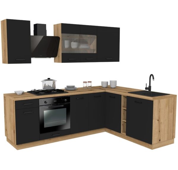 KITCHEN CABINETS SET VARIO Z3 240×180 CM BLACK / OAK EVOKE