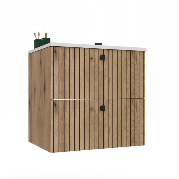 TIGO 60 2S Wall-Hung Bathroom Vanity – Oak Evoke – Fluted Front + Countertop Basin – 2 Drawers, Soft-Close