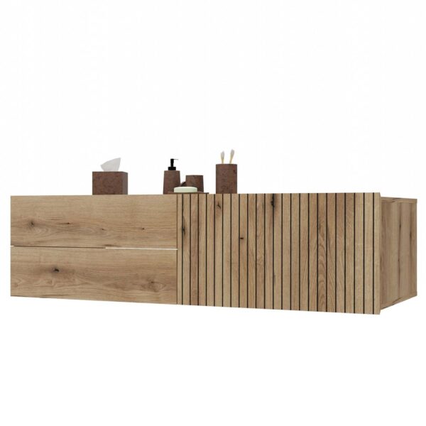 TIGO 1D2S Floating Bathroom Vanity – 140 cm – Evoke Oak – Ribbed Front – 2 Drawers + Drop-Down Door
