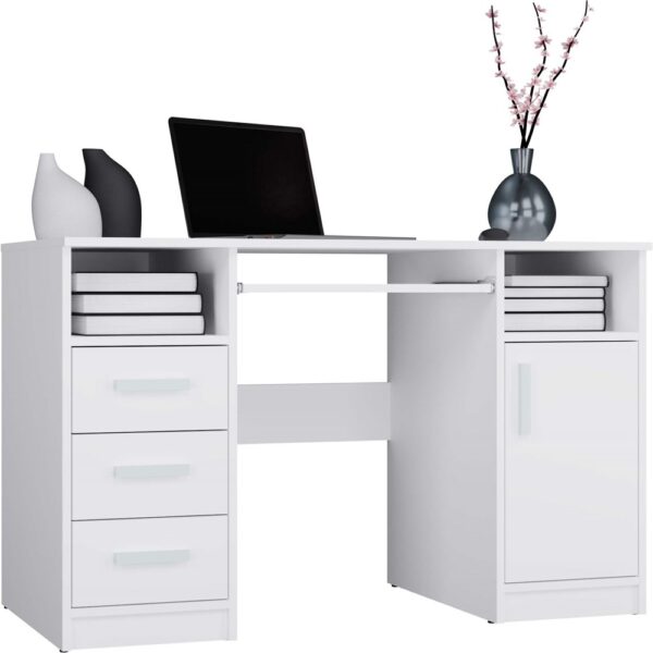 DELTA Desk – White – 120 cm DESK WITH 3 DRAWERS, 1 DOOR AND SHELVES