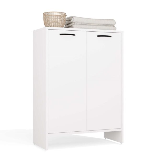 NINA 1K1D Bathroom Cabinet with Laundry Basket and Shelves – White Matt