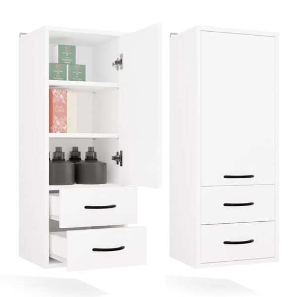 NINA W1D2S Wall-Mounted Bathroom Cabinet – White, 2 Drawers, 3 Shelves