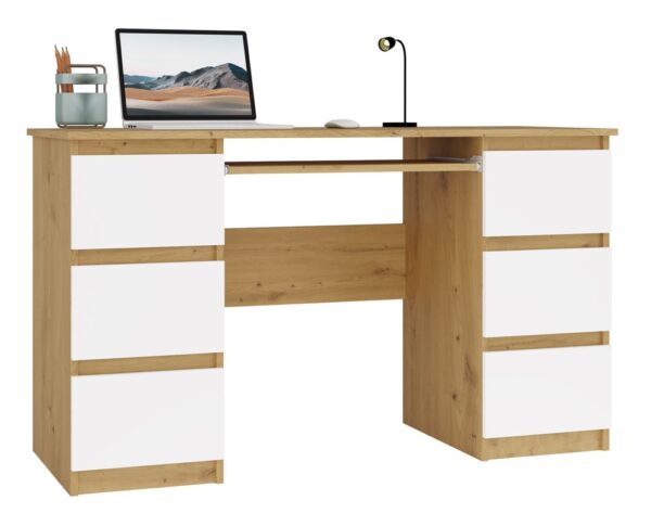 KUBA Desk – Artisan Oak / White – 130 cm FUNCTIONAL DESK WITH 6 DRAWERS