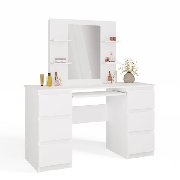 MARINA 4P + KUBA Vanity Desk Set with Mirror – 6 Drawers & 4 Shelves – White