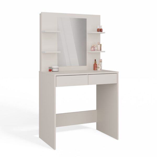 MARINA Cosmetic Dressing Table with Mirror & 4 Shelves + 2-Drawer Desk – Cashmere