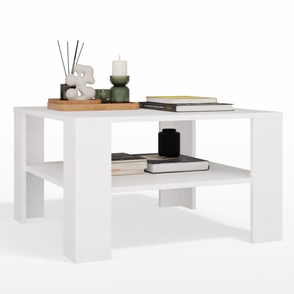 Square Coffee Table with Shelf White – Modern Living Room Table