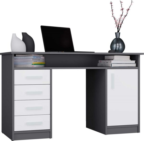 ADA Desk Anthracite White 125 cm – 4 Drawers, Cabinet and Shelf for Office, Room, Laptop