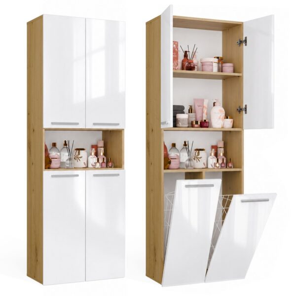 Bathroom cabinet NEL 2K DK Tall shelving unit 2 Baskets For laundry WHITE GLOSS ARTISAN OAK