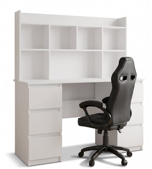 Desk KUBA WITH HUTCH WHITE + Chair DRIFT BLACK Set 6 Drawers