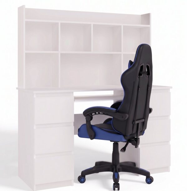 Desk KUBA WITH HUTCH WHITE + Chair REMUS BLUE Set 6 Drawers