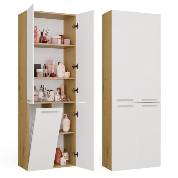 Bathroom cabinet NEL 1K DD Tall shelving unit with basket For Laundry ARTISAN OAK / WHITE
