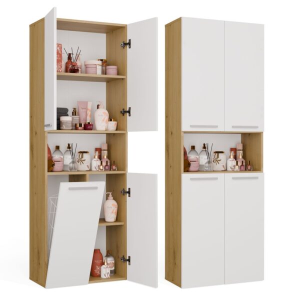 Bathroom cabinet NEL 1K DK Tall shelving unit with basket For laundry ARTISAN OAK / WHITE