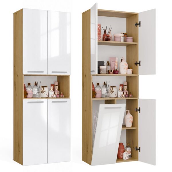 Bathroom cabinet NEL 1K DK Tall shelving unit with basket For laundry ARTISAN OAK WHITE GLOSS