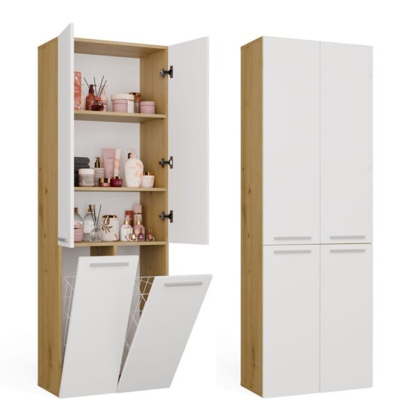 Bathroom cabinet NEL 2K DD Tall shelving unit 2 Baskets For laundry WHITE ARTISAN OAK