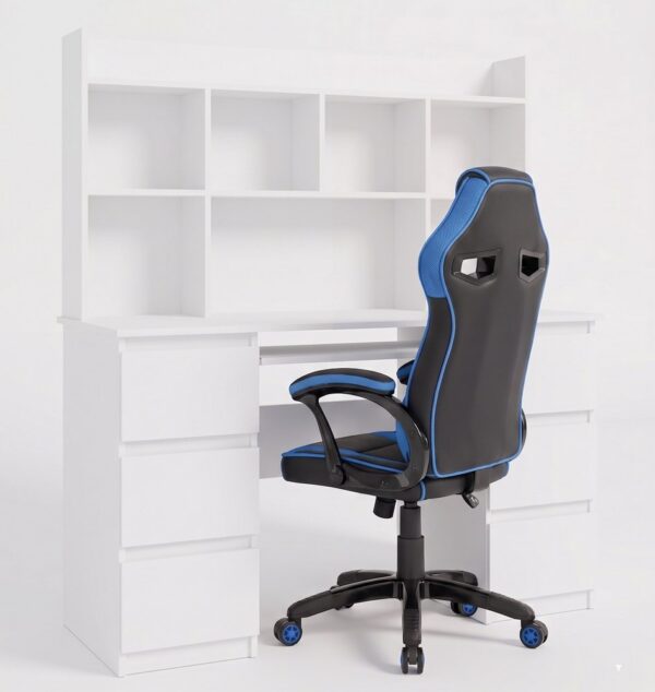 Desk KUBA WITH HUTCH WHITE + Chair DRIFT BLUE Set 6 Drawers