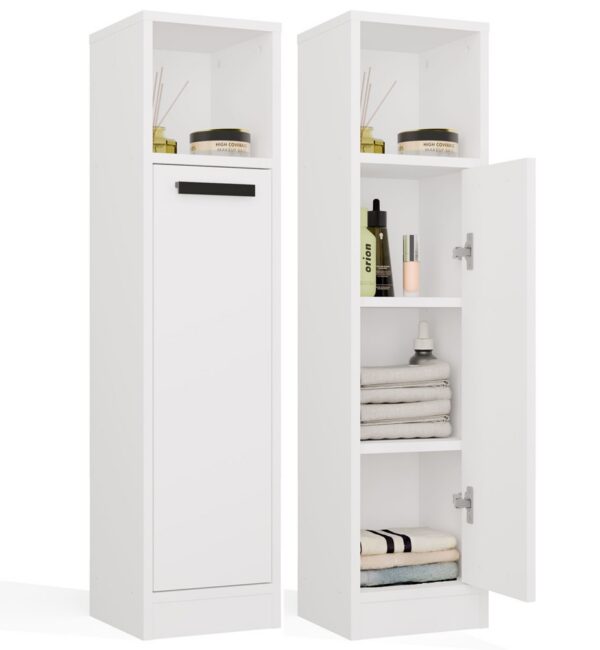 Bathroom cabinet MEXY 1D Tall cabinet Shelving unit 1 Door 4 Shelves Floor-standing WHITE