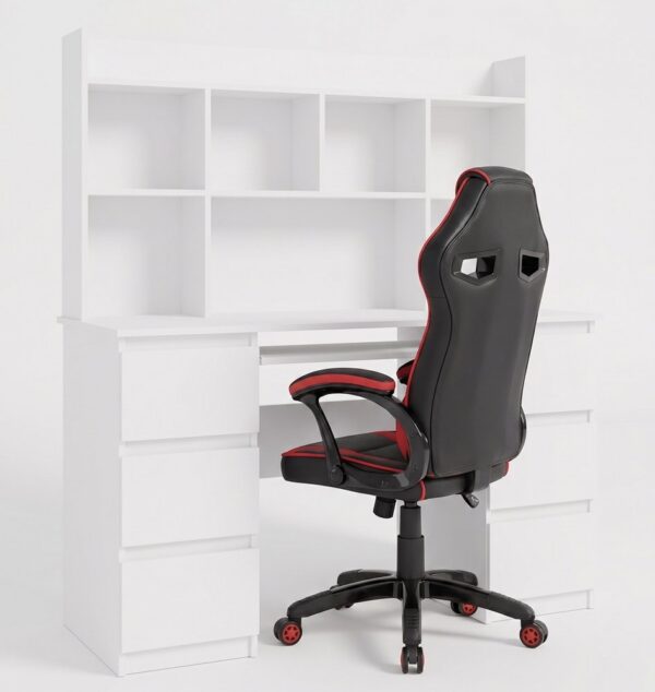 Desk KUBA WITH HUTCH WHITE + Chair DRIFT RED Set 6 Drawers
