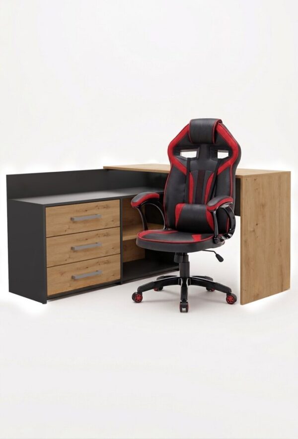 Set DESK DANY Corner ANTHRACITE / ARTISAN OAK + Chair DRIFT RED