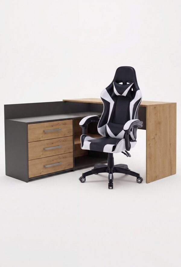 Set DESK DANY Corner ANTHRACITE / ARTISAN OAK + Chair REMUS WHITE