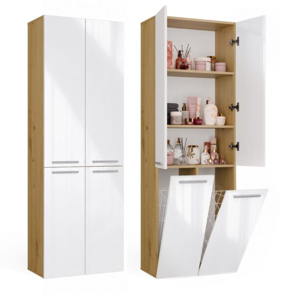 Bathroom cabinet NEL 2K DD Tall cabinet 2 Baskets For laundry WHITE GLOSS ARTISAN OAK