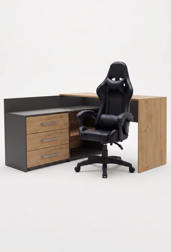 Set DESK DANY Corner ANTHRACITE / ARTISAN OAK + Chair REMUS BLACK