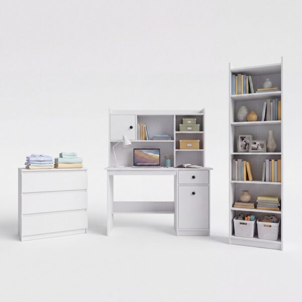 Furniture set Desk Chester + Hutch 120 + Chest of drawers M3 + Shelving unit Rimini WHITE