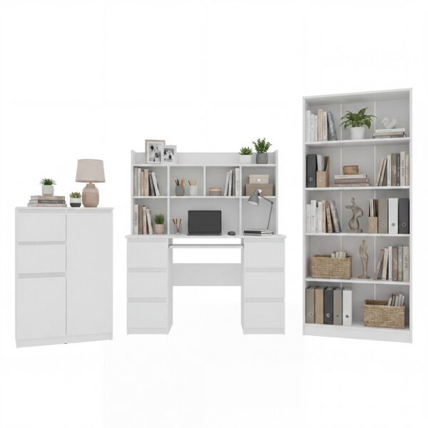 Furniture set Desk Kuba with hutch 130 + Chest of drawers 2D2S + Shelving unit R80 WHITE