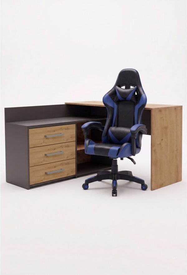Set DESK DANY Corner ANTHRACITE / ARTISAN OAK + Chair REMUS BLUE